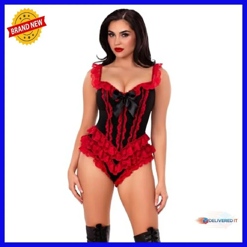 Boned Ruffle Bodysuit Sweetheart Neckline Lace Trim XS-XL